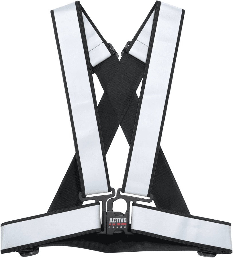 Reflective running harness, black and silver reflective straps